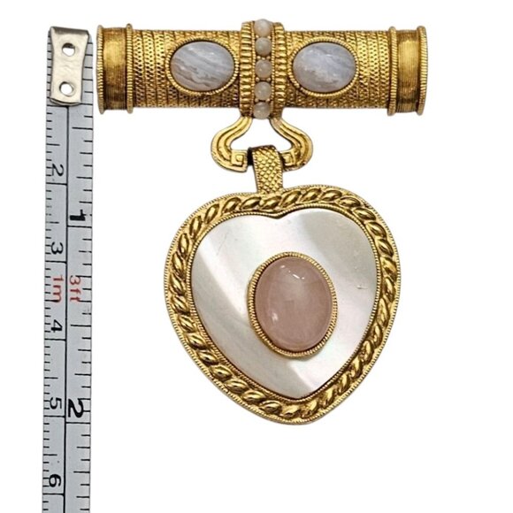 1928 Brand Gold Tone Blue Lace Agate Rose Quartz Brooch Heart Shell Inlay Dangle - Picture 7 of 8